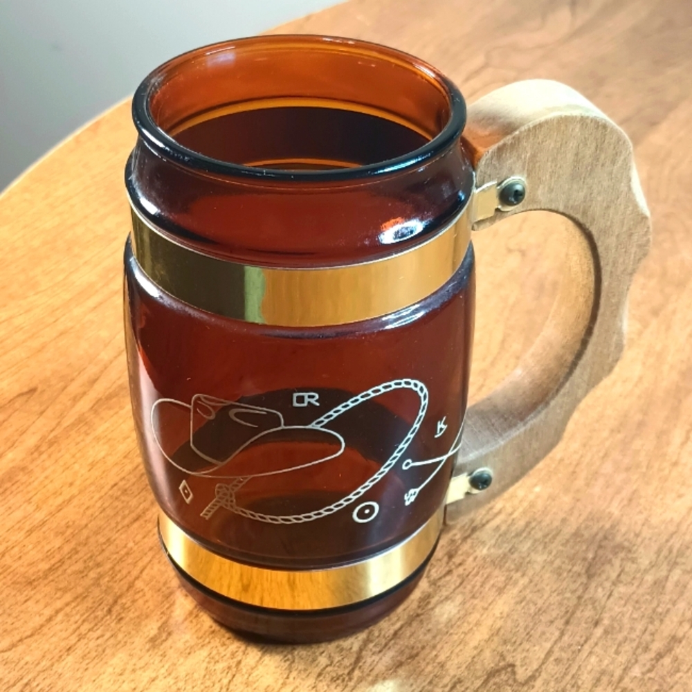 Siesta Ware 70's Wild West Cowboy Hat Lasso Amber Glass Wood Handle Beer Mug